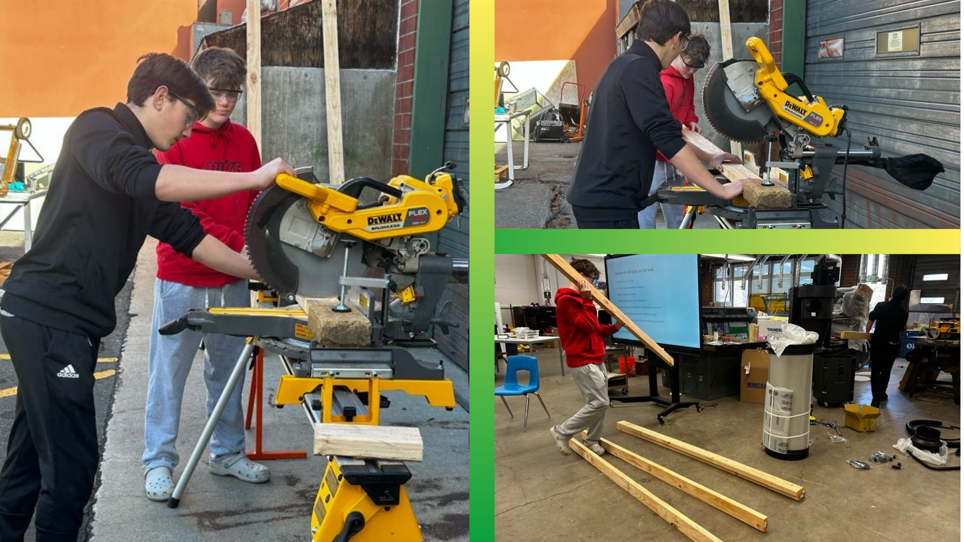 Two Incline Village LMIT Team Members using a circular saw to cut wood for our demonstration roof section. 